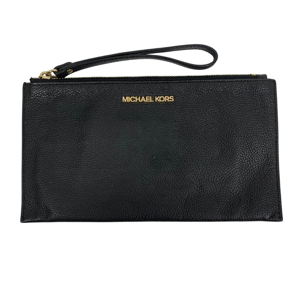 Michael Kors Jet Set Black Pebbled Leather Lrg Wristlet Zip Clutch 38S9XTTC3L